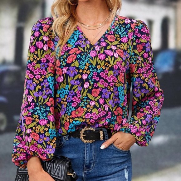 . Tops - Multicolor Preppy Womens Allover Floral Print Lantern Sleeve Blouse